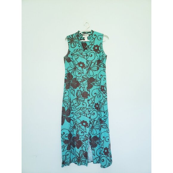 Miss Dorby Dresses & Skirts - Vtg Miss Dorby Womens 10 Sheath Dress Midi Teal Brown Floral Button Linen Blend